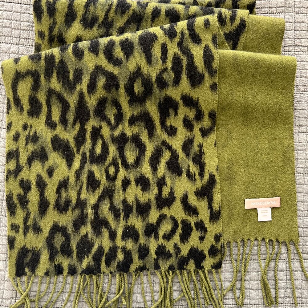 NORDSTROM Cashmere Scarf -  Green/Black Leopard Print - EUC
